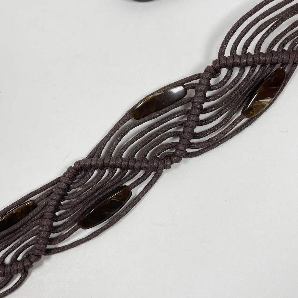 Vintage Macrame Wood Bead Woven Waist Belt Women L Brown Faux Leather Boho Cinch